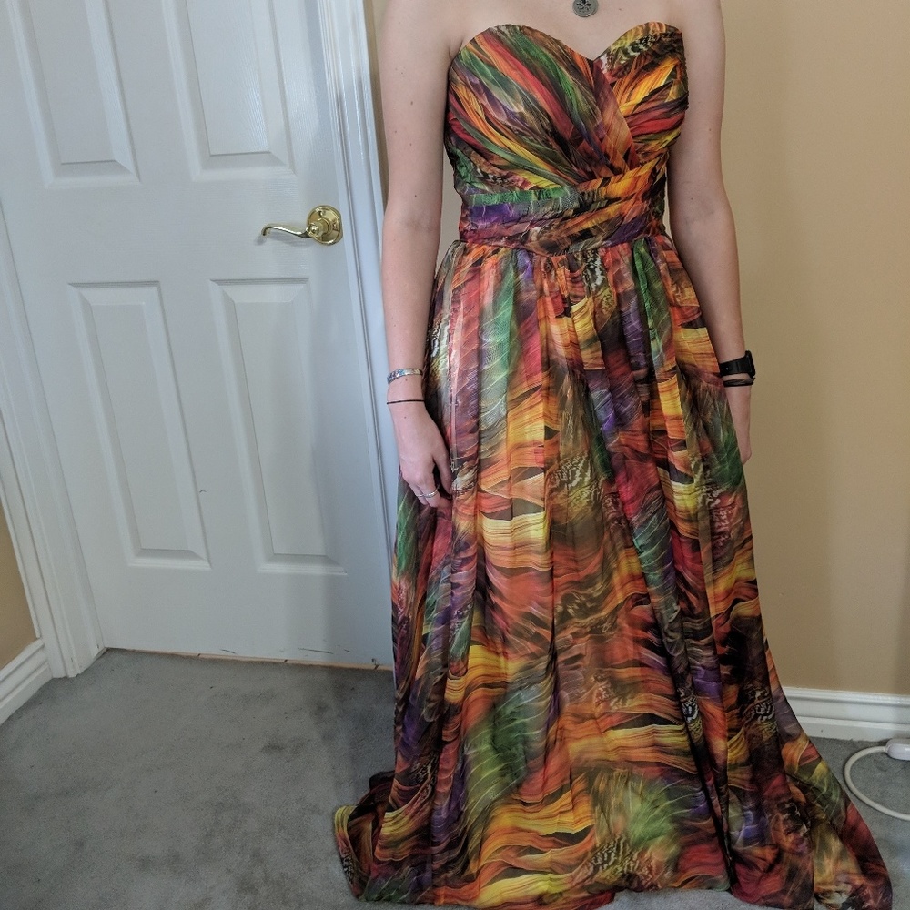 Adriana Papell multi colored strapless gown